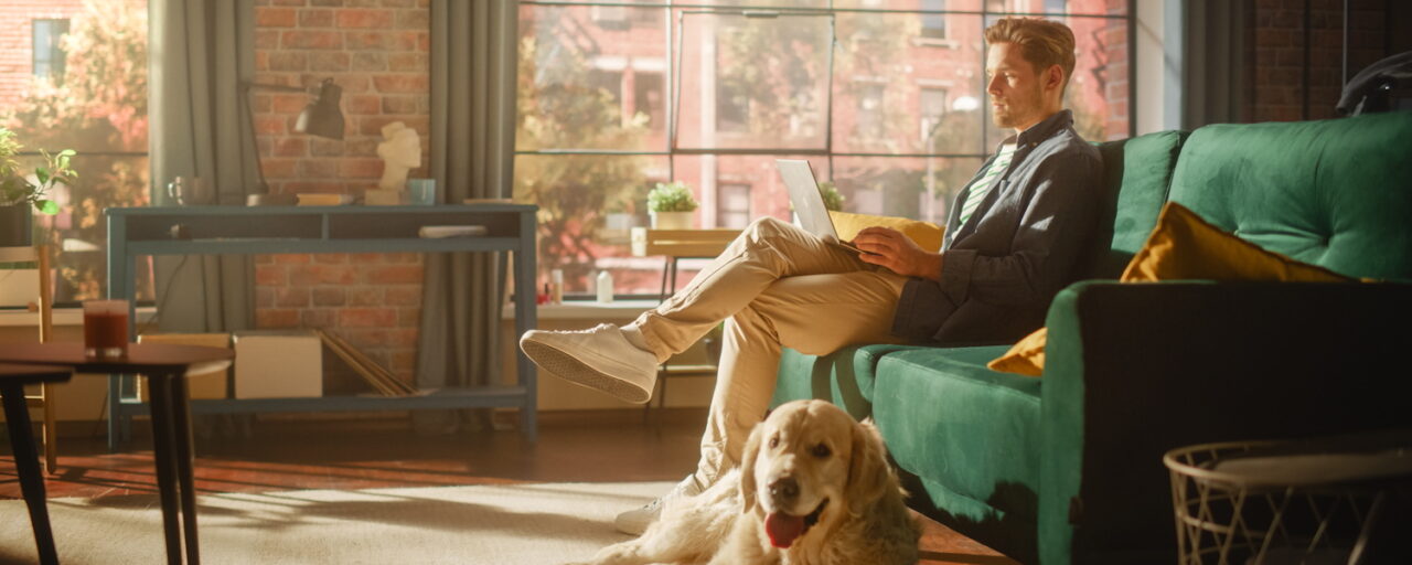 Man thuis op groene bank met laptop op schoot en hond op grond